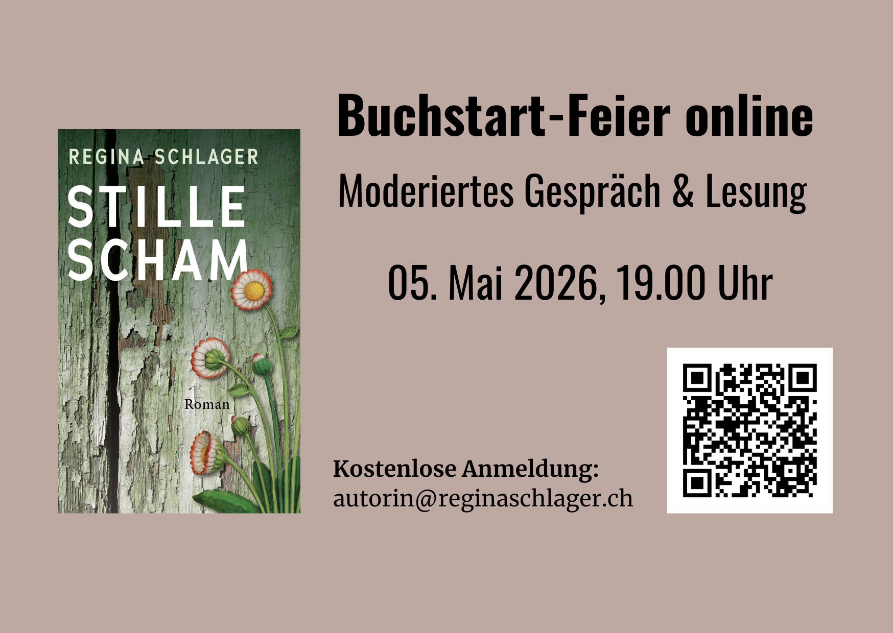 Flyer mit dem Cover von STILLE SCHAM von Regina Schlager und Einladung zur Buchstartfeier online am 5. Mai 2026