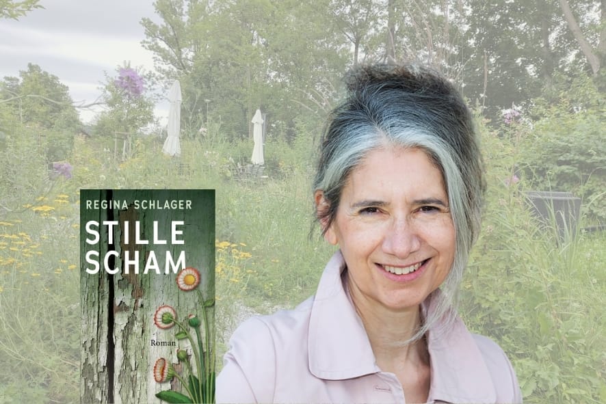 Frau in Garten mit Buchcover Stille Scham im Vordergrund